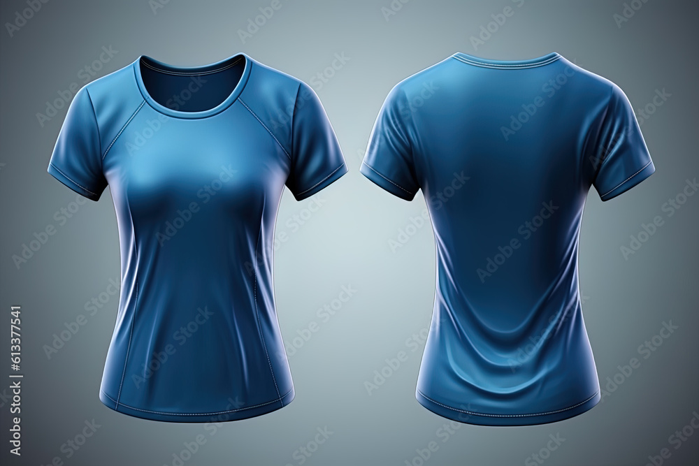 Blue female t-shirt realistic mockup set from front and back view, blank textile print design template for fashion apparel. Created with Generative AI Technology Blue female t-shirt realistic mockup set from front and back view, blank textile print design template for fashion apparel. Created with Generative AI Technology
