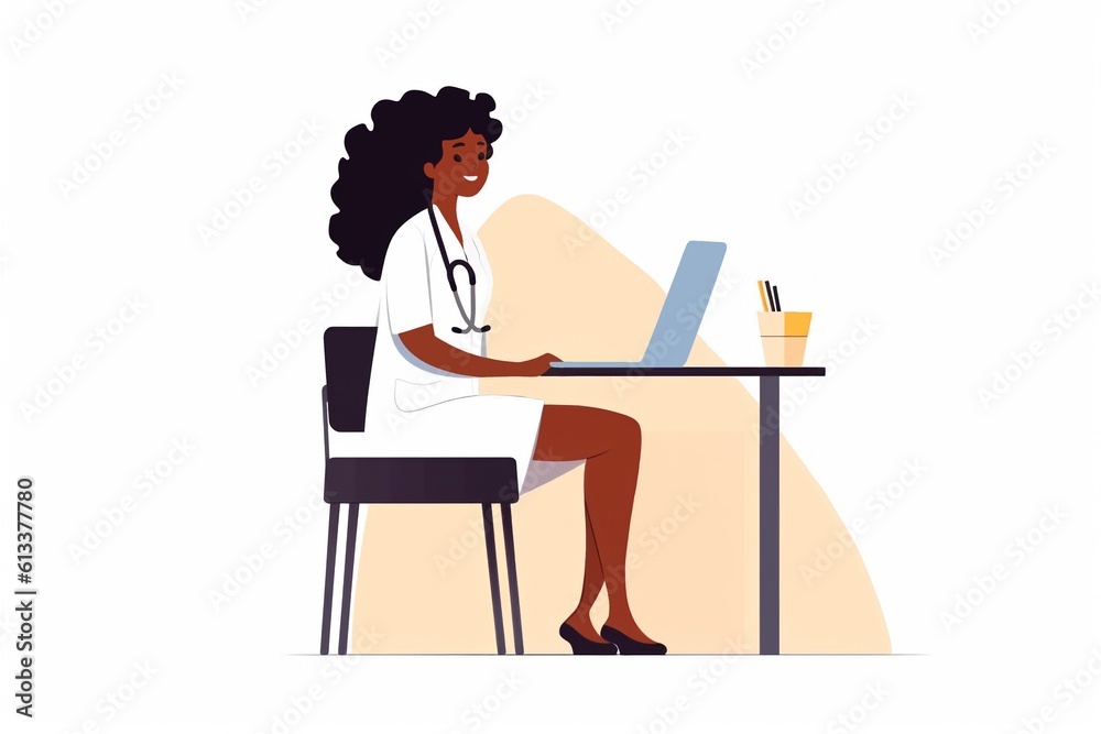 Generative AI. Medicine concept with doctor in thin line style. Practitioner young doctor man sits by the table in hospital medical office. Consultation and diagnosis. Telemedicine concept.black woman