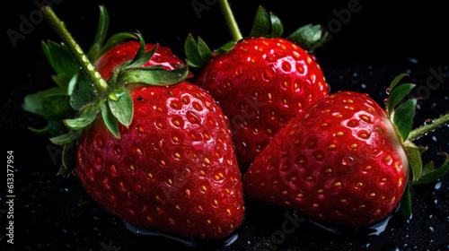 Red fresh strawberries with water drops on dark background
