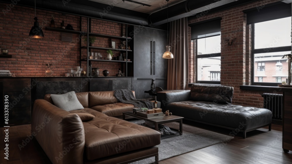 Interior design of Living Room in Industrial style with Brick Accent ...