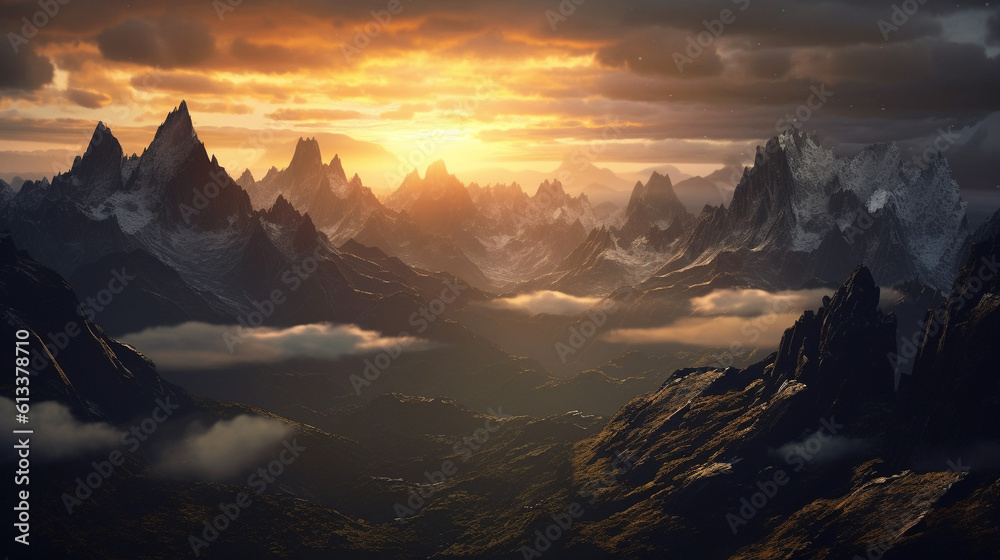 Generative AI, Aurora Peaks: Majestic Sunrise over Mountain Ranges Generative AI, Aurora Peaks: Majestic Sunrise over Mountain Ranges