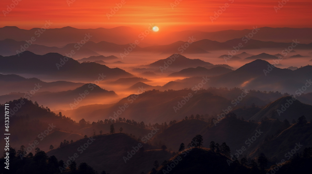 Obraz premium Generative AI, Aurora Peaks: Majestic Sunrise over Mountain Ranges