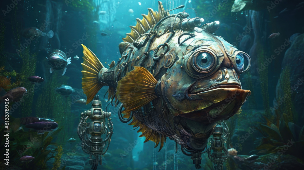 Fish metal cyborg. Cyberpunk concept. Fish metal cyborg. Cyberpunk concept.