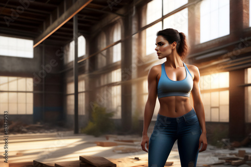 A beautiful brunette in skintight clothing in an abandoned shed. Generative AI_11.