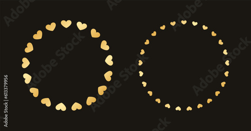Golden round frame made with heart pattern. Gold Valentines Day Border Template, elegant wedding invitation card vector illustration