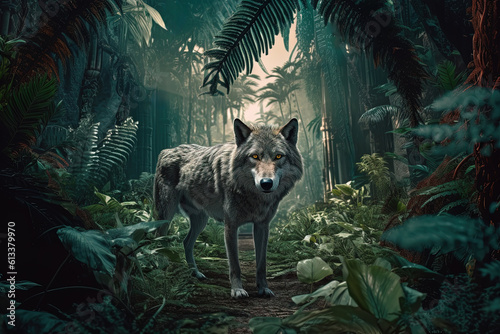A magical fairy tale forest with a wolf. A mythical realm is like something out of a storybook