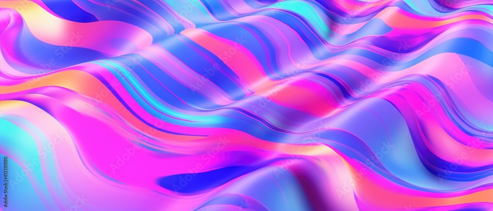 Holographic. Pink, blue and cyan abstract wavy liquid. Fabric texture background with soft wave. Wave pattern background. Generative AI