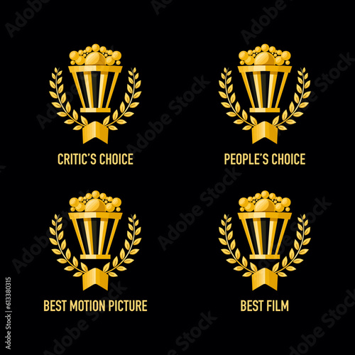Best feature film motion picture nomination winner gold and black vector emblem. People and critic choice movie award icon set with popcorn and laurel wreath