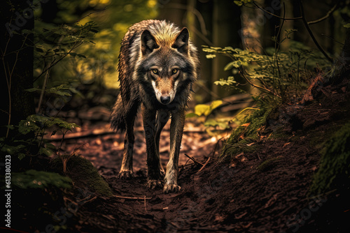 A magical fairy tale forest with a wolf. A mythical realm is like something out of a storybook