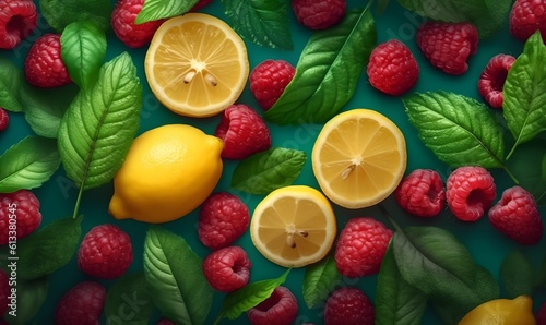 Summer Background with Raspberry Lemon and mint, Fresh Summer Banner Background Ai Generative