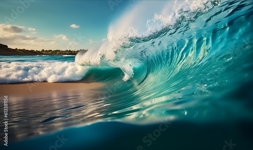 CLOSE UP Beautiful deep blue tube wave in the Pacific curls on a sunny day, Summer Tropical Wave, AI generative