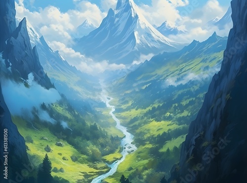 Mountain landscape with green hills  sandy road and natural valley. Vector picturesque place background  spring or summer nature  blue sky  Generative Ai