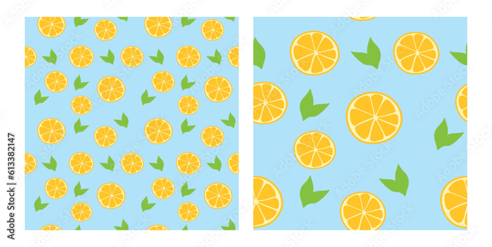 Vector illustration. Seamless pattern. Fabric with summer lemons and leaves.