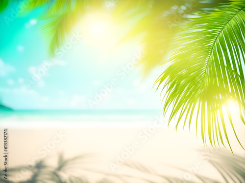 Blur tropical beach with bokeh sun light wave and palm tree on copy space empty old wood table abstract background. Product presentation in nature. Vintage tone filter effect color style