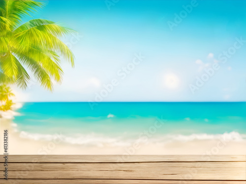 Blur tropical beach with bokeh sun light wave and palm tree on copy space empty old wood table abstract background. Product presentation in nature. Vintage tone filter effect color style