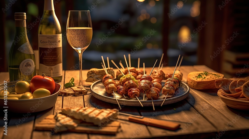 A wide angle food photography of babarbecue on skewers and a side of toast, a bottle of wine, ( outside table of Generative AI