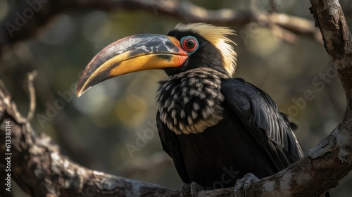 close up hornbill bird on a tree with blurred background