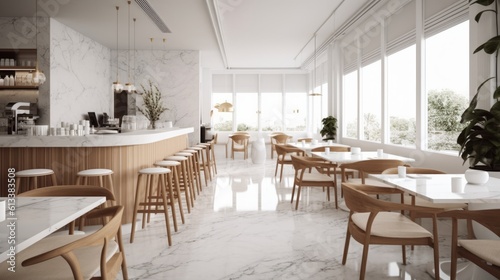 A modern and minimalist restaurant, counter bar and marble floor. The decor is sleek and minimalist, with a smoothing color. Generative AI