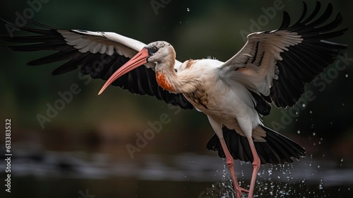 close up white stork bird in the river with blurred background