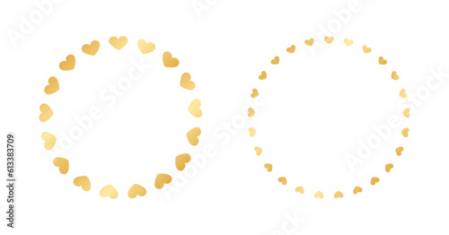 Golden round frame made with heart pattern. Gold Valentines Day Border Template, elegant wedding invitation card vector illustration