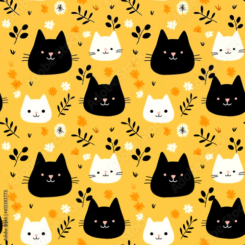 cute cat and flower seamless pattern