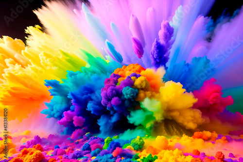 Colored powder explosion. Colorful rainbow paint splash. Colorful background in Holi colors