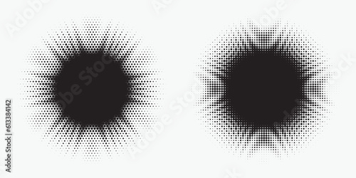Halftone circle frame background set. Round border Icon using halftone random circle. Grunge circular stain. Vector illustration.