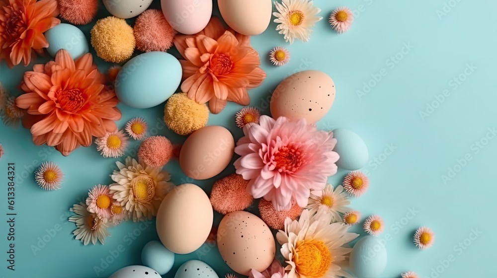 Happy Easter Day concept design of colorful eggs and flowers on pastel background