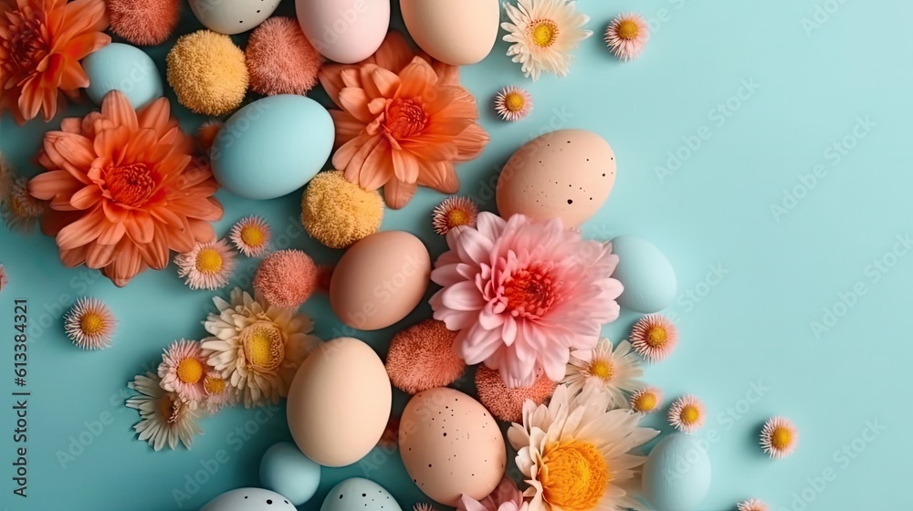 Happy Easter Day concept design of colorful eggs and flowers on pastel background Happy Easter Day concept design of colorful eggs and flowers on pastel background