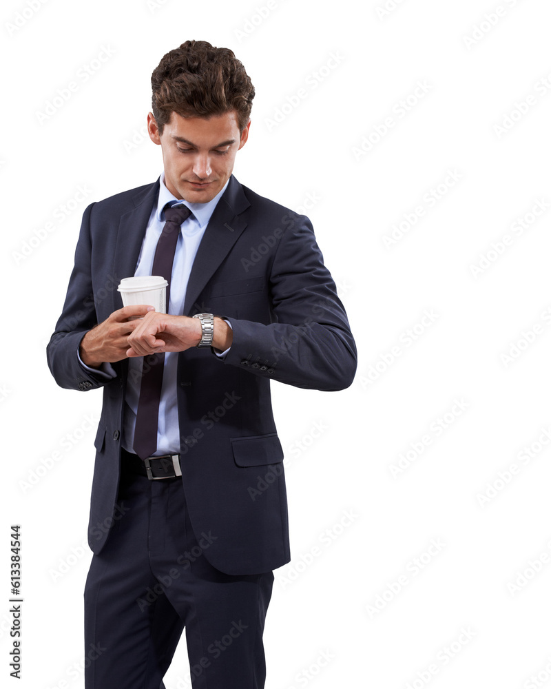Business man, watch and running late isolated on a transparent, png background. Coffee, professional and checking clock with a young male employee with hot drink and corporate suit with style Business man, watch and running late isolated on a transparent, png background. Coffee, professional and checking clock with a young male employee with hot drink and corporate suit with style