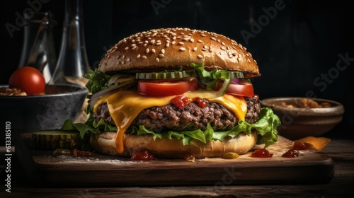 close up of a large cheeseburger on a wooden plate with a blurred background