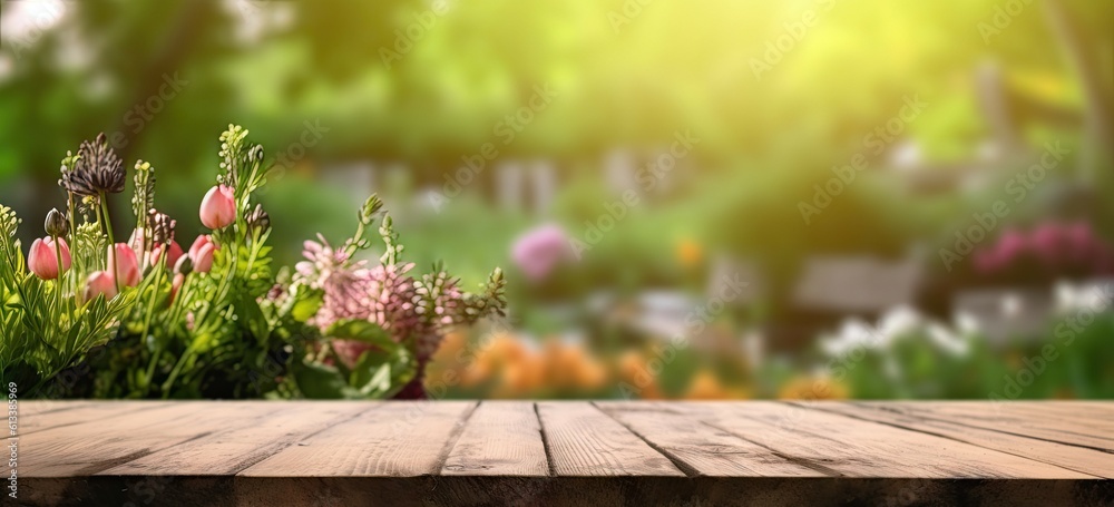 Abstract beautiful garden table setting with nature's delights and flowers. Background for summer