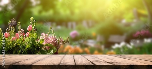 Abstract beautiful garden table setting with nature's delights and flowers. Background for summer © Thares2020