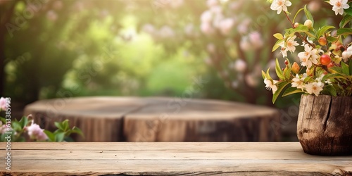 Abstract beautiful garden table setting with nature's delights and flowers. Background for summer