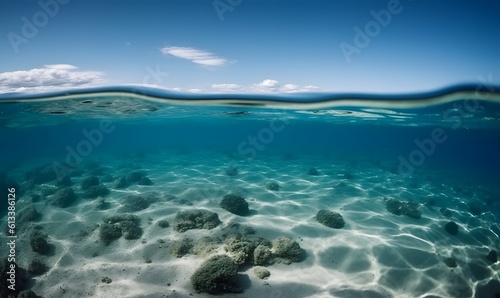 World ocean day illustration, Split low level shot above and below water showing blue sky and sand ocean bed. A.I. generated.
