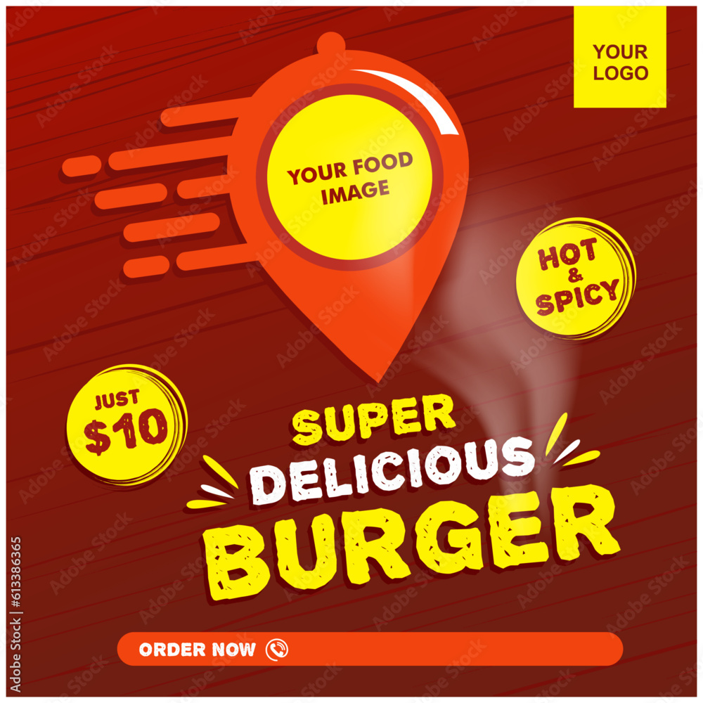 Fototapeta premium Online Food Delivery, Fast Food templates, burger. Red Abstract background Vector template Social Media
