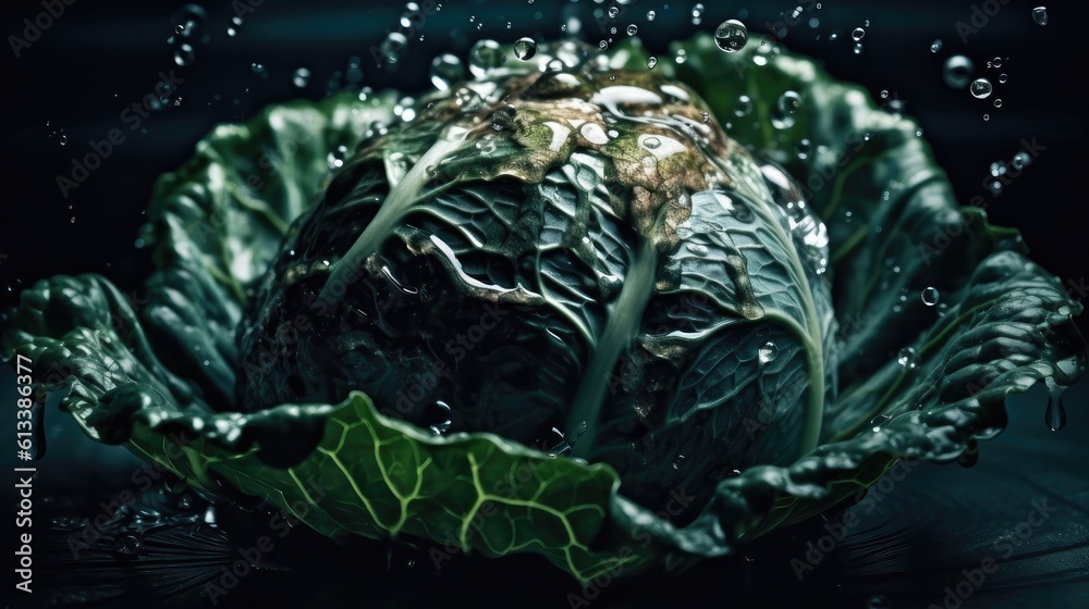 Fototapeta premium Cabbage hit by splashes of water with black blur background and perfect viewing angle