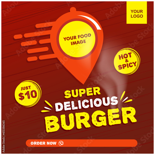 Online Food Delivery, Fast Food templates, burger. Red Abstract background Vector template Social Media 