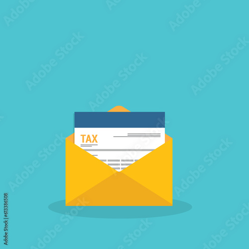 Tax document in an open envelope. Business tax or financial operations. © madedee