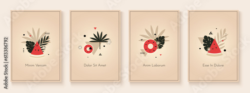 Elegant style summer background covers set with tropical leaves and geometric elements. Vector template for placards, banners, flyers and presentations. EPS 10 illustration.