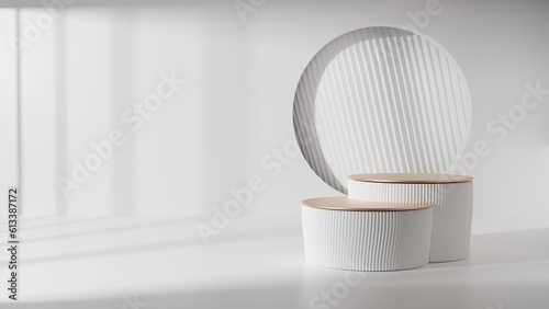 White empty podium or pedestal for product presentation on two floors, showcase of beauty and cosmetics product. Mockup platform. 3d rendering