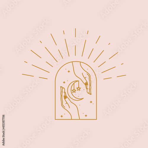 logo design abstract hand and moon for cosmetic beauty jewelry beauty care vector illustration