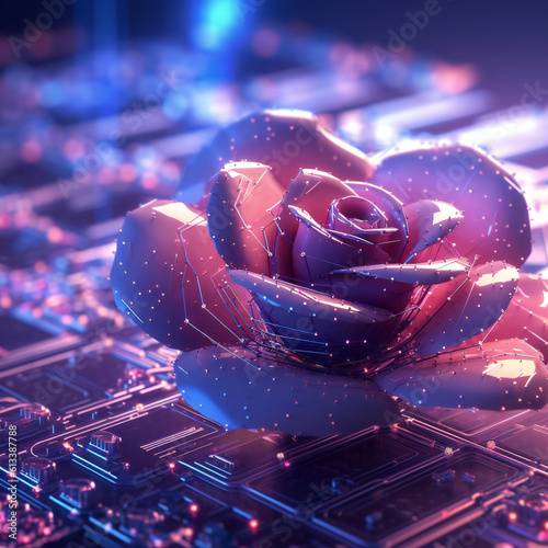 Rose on tehncal purple neon background,  neon cyber  purple pink light  photo