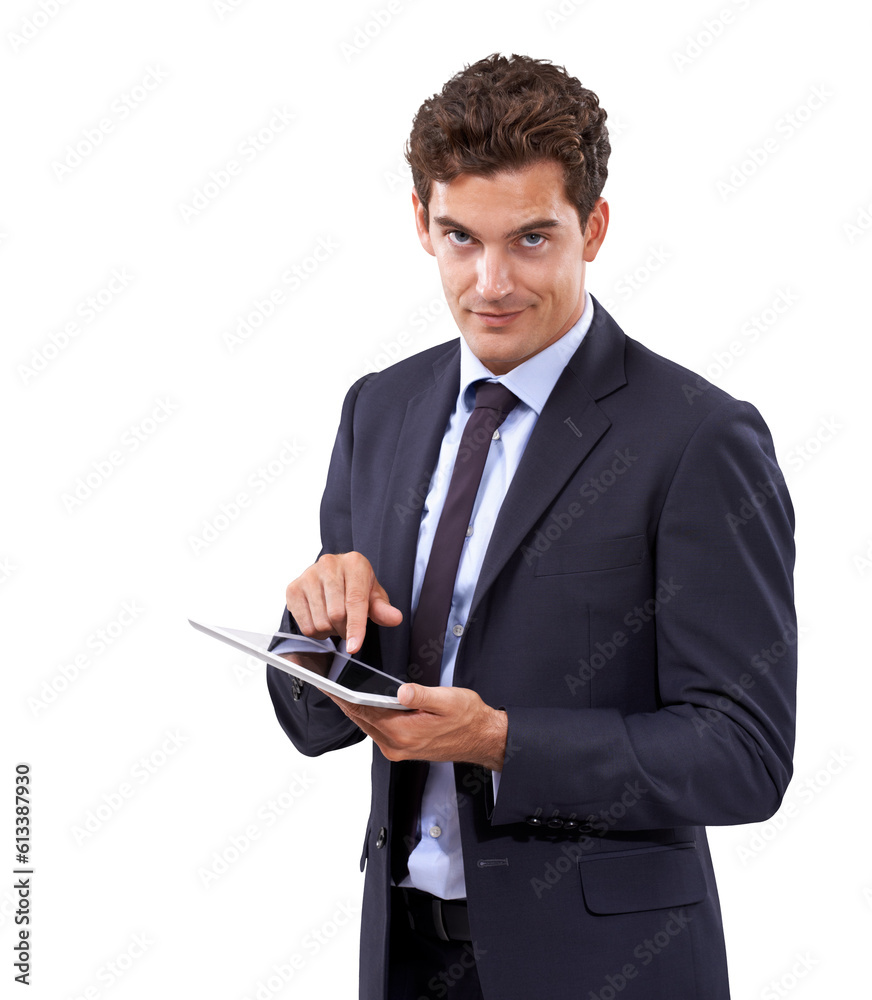 Tablet, portrait and professional man typing report, research project or corporate review of online statistics. Internet search, smirk and confident person isolated on transparent, png background Tablet, portrait and professional man typing report, research project or corporate review of online statistics. Internet search, smirk and confident person isolated on transparent, png background