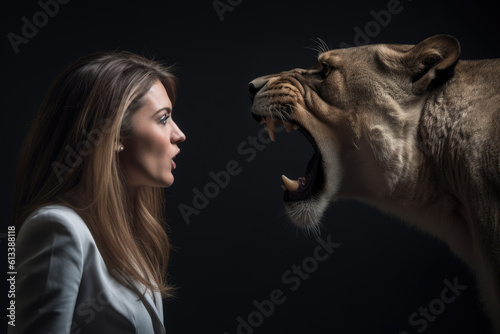 Generative AI - Resilient Business Woman Facing an Old Lion