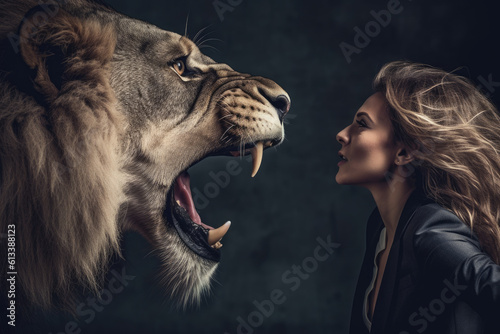Fototapeta Generative AI - Resilient Business Woman Facing an Old Lion