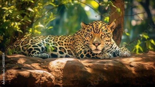 Beautiful and endangered american jaguar in the nature habitat panthera onca wild brasil brasilian wildlife pantanal green Generative AI
