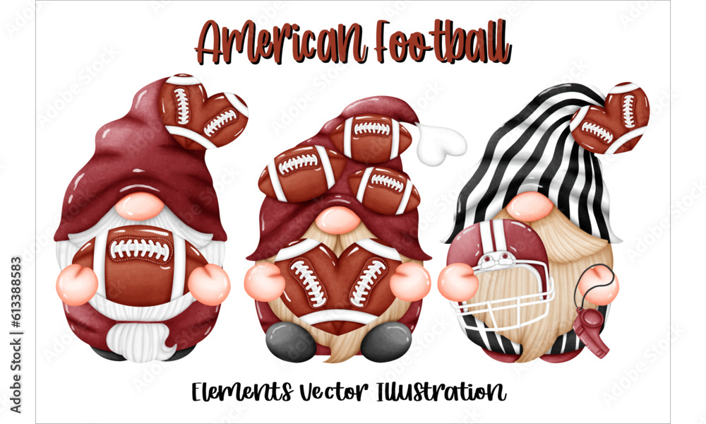 Gnomes American Football Ball Helmet Whistle Element Watercolor Vector File ,Clipart Cute cartoon vintage-Retro style For banner, poster, card, t shirt, sticker