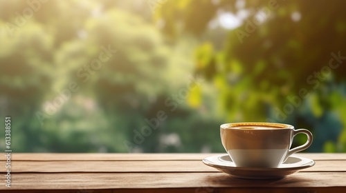 Cup of coffee on wooden table with blurred tree background, in the style of smokey background Generative AI