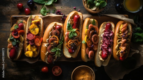 close up hotdog with full ingredients and mayonnaise on wood plate and blurred background